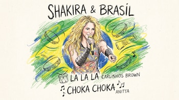 Dibujo a mano de Shakira cantando, sobre un fondo con los colores de la bandera de Brasil. Se ven instrumentos de percusión y los títulos de sus canciones.