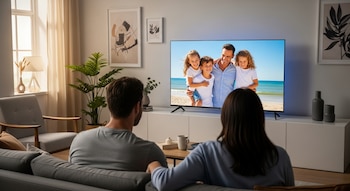 Hombre y mujer de espaldas sentados en un sofá, mirando un televisor inteligente que muestra una foto de una familia en la playa en una sala luminosa.