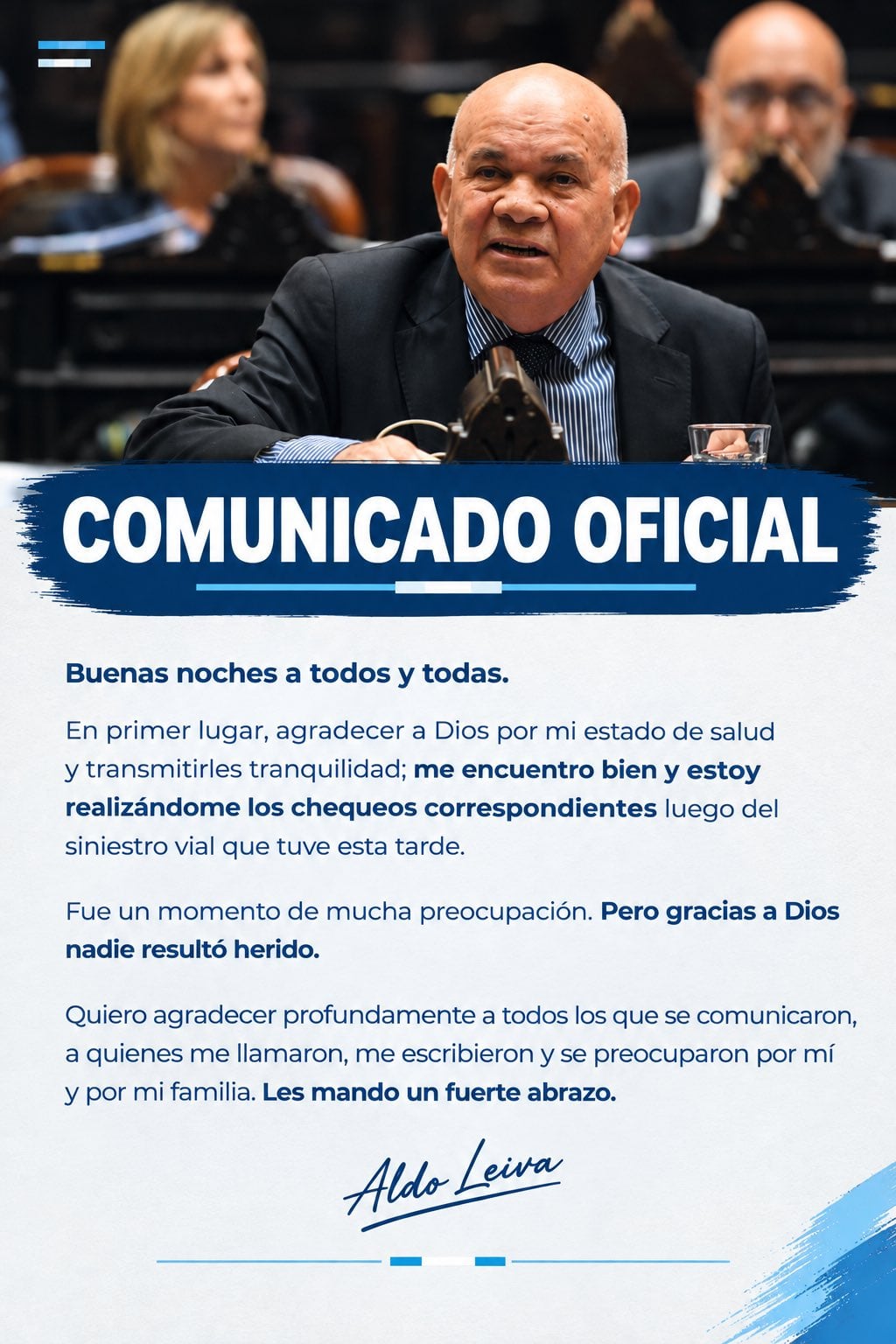 Comunicado oficial del diputado Aldo Leiva