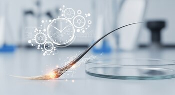 Un pelo oscuro yace sobre una superficie de laboratorio blanca con una placa de Petri transparente; se aprecian iconos de ADN en su raíz y un reloj molecular digital sobre él.