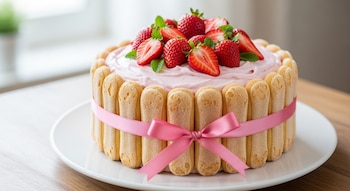 Tarta Charlota sobre un plato blanco, rodeada de bizcochos de soletilla y un lazo rosa. La parte superior tiene crema rosada, fresas enteras y cortadas, y hojas de menta.