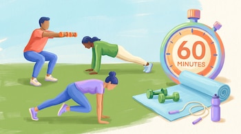 Ilustración con textura de pintura de tres figuras realizando sentadillas, plancha y mountain climbers, con un cronómetro de 60 minutos y equipo de fitness.