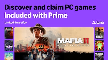 Una imagen promocional de Prime Gaming y Amazon Luna con varios juegos de PC, destacando el arte de "Mafia II Definitive Edition" y otros títulos