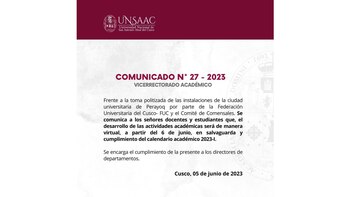 Comunicado de la universidad Unsaac