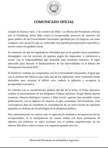 El comunicado de la oficial