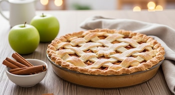Un pastel de manzana vegano con rejilla y azúcar glass en una bandeja, acompañado de dos manzanas verdes y un tazón con ramas de canela sobre una mesa.