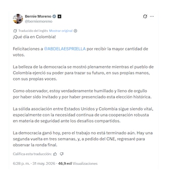 Bernie Moreno habló de la jornada electoral en Colombia