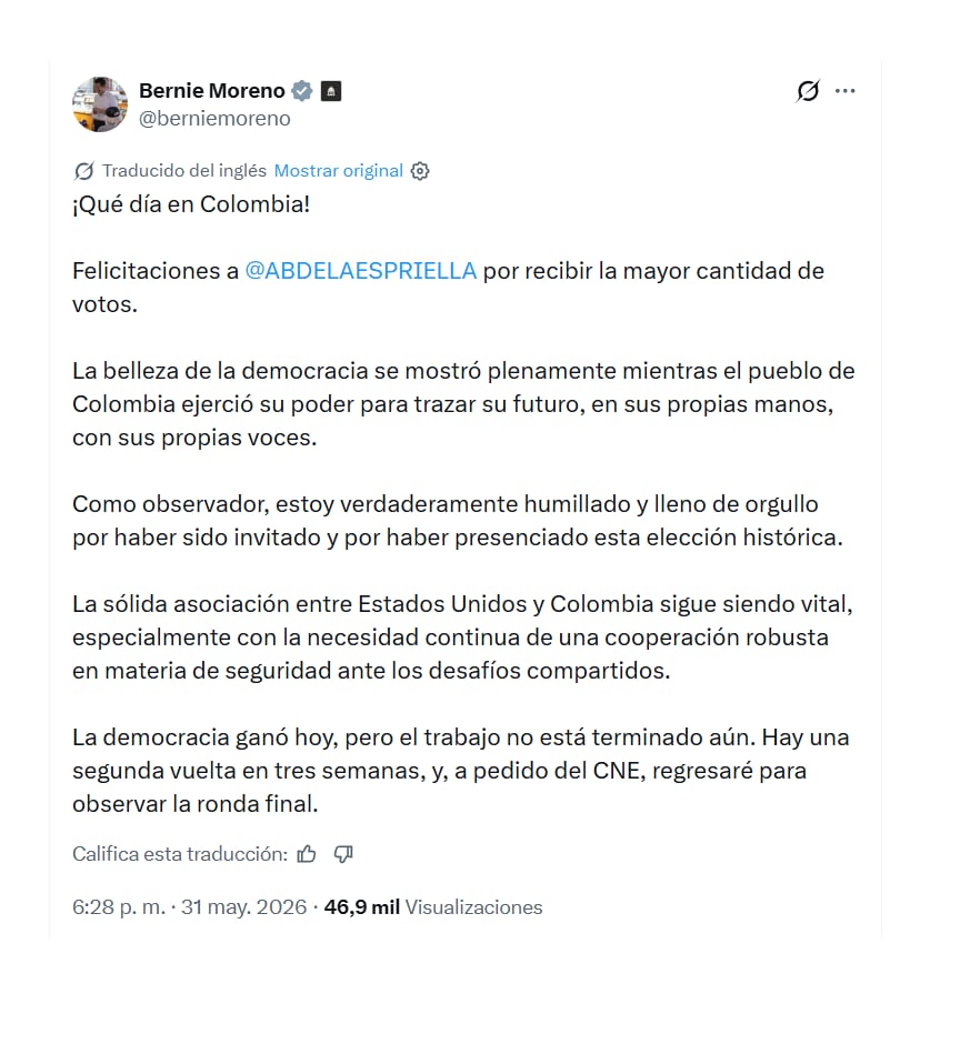 El senador republicano Bernie Moreno habló de la jornada electoral en Colombia, en la que ejerció como veedor electoral - crédito @berniemoreno/X