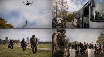 Cuatro fotografías muestran un dron volando con un artefacto humeante, soldados con máscaras de gas y un cordón militar con escudos