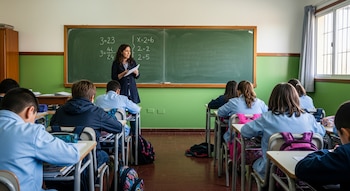Un aula de escuela primaria con una maestra frente a un pizarrón y alumnos sentados en pupitres, algunos con mochilas en el suelo.