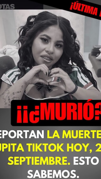 Fotografía en blanco y negro de una mujer realizando la forma de un corazón con las manos, con textos informativos en color rojo y amarillo