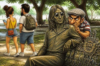 Ilustración de un hombre tras la estatua de John Lennon en un banco de parque, mientras dos transeúntes caminan de espaldas.