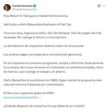 Camilo Guzmán, director de Libertank, apuntó que la declaración de impuestos debería caber en una postal - crédito @CamiloGuzmanSa/X