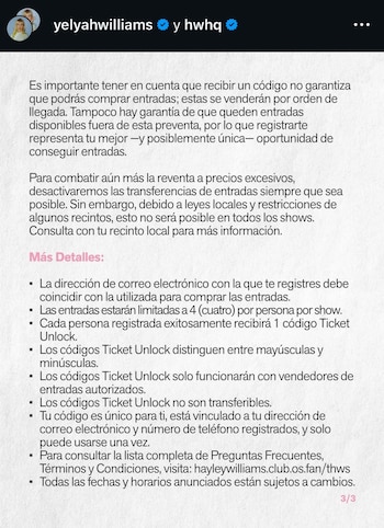 Captura de pantalla de un documento con texto en español, detallando las reglas para la compra de entradas, restricciones de reventa y uso de códigos Ticket Unlock