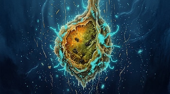 Ilustración de una partícula orgánica con corte transversal en tonos ámbar, rodeada de bacterias azul brillante en un fondo marino oscuro.