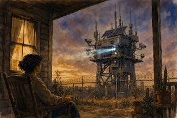 Ilustración de una persona en una mecedora frente a una torre con cámaras, antenas y paneles solares ubicada tras una cerca con alambre de púas.