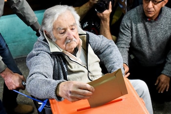 Uruguay's former President Jose Mujica votes at a polling station during the general election, in Montevideo, Uruguay October 27, 2024. REUTERS/Martin Varela Umpierrez