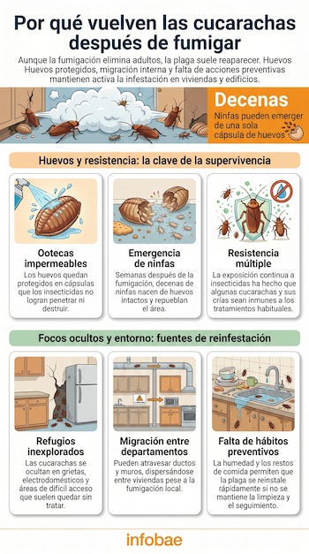 Infografía sobre el retorno de cucarachas tras fumigación, ilustrando huevos resistentes, ninfas, resistencia, refugios ocultos, migración y falta de limpieza.