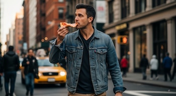 Un hombre de cabello oscuro y chaqueta de mezclilla muerde una rebanada de pizza mientras camina por una calle de la ciudad con edificios y un taxi amarillo en segundo plano.