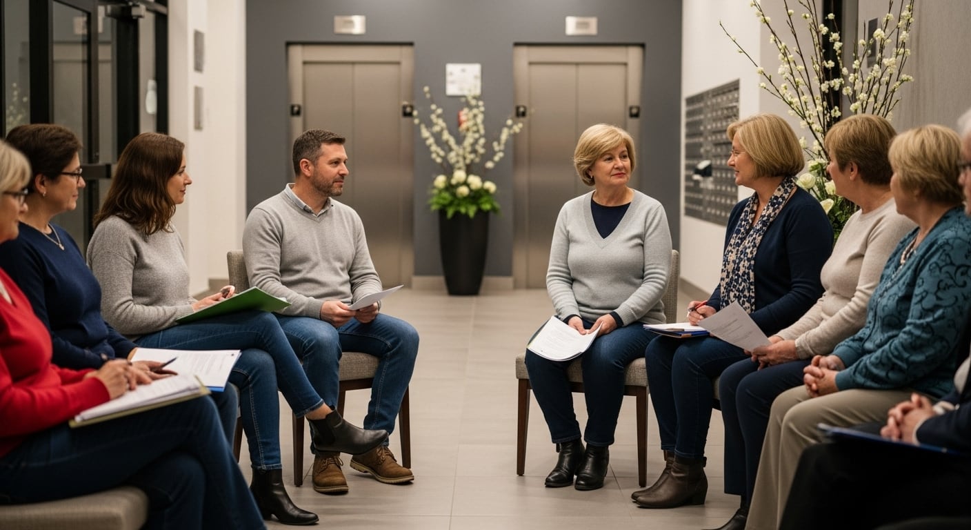 Un grupo de personas adultas se reúne en un pasillo moderno, sentados en círculo y sosteniendo documentos, en lo que parece ser una sesión de trabajo colaborativo o una reunión de equipo. El ambiente es profesional y relajado, con decoración floral y ascensores al fondo, lo que sugiere un entorno corporativo o institucional. (Imagen Ilustrativa Infobae)