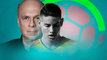 Un montaje digital con el rostro de José Pékerman en segundo plano y James Rodríguez en primer plano, con un fondo azul y un patrón geométrico verde y rosa.