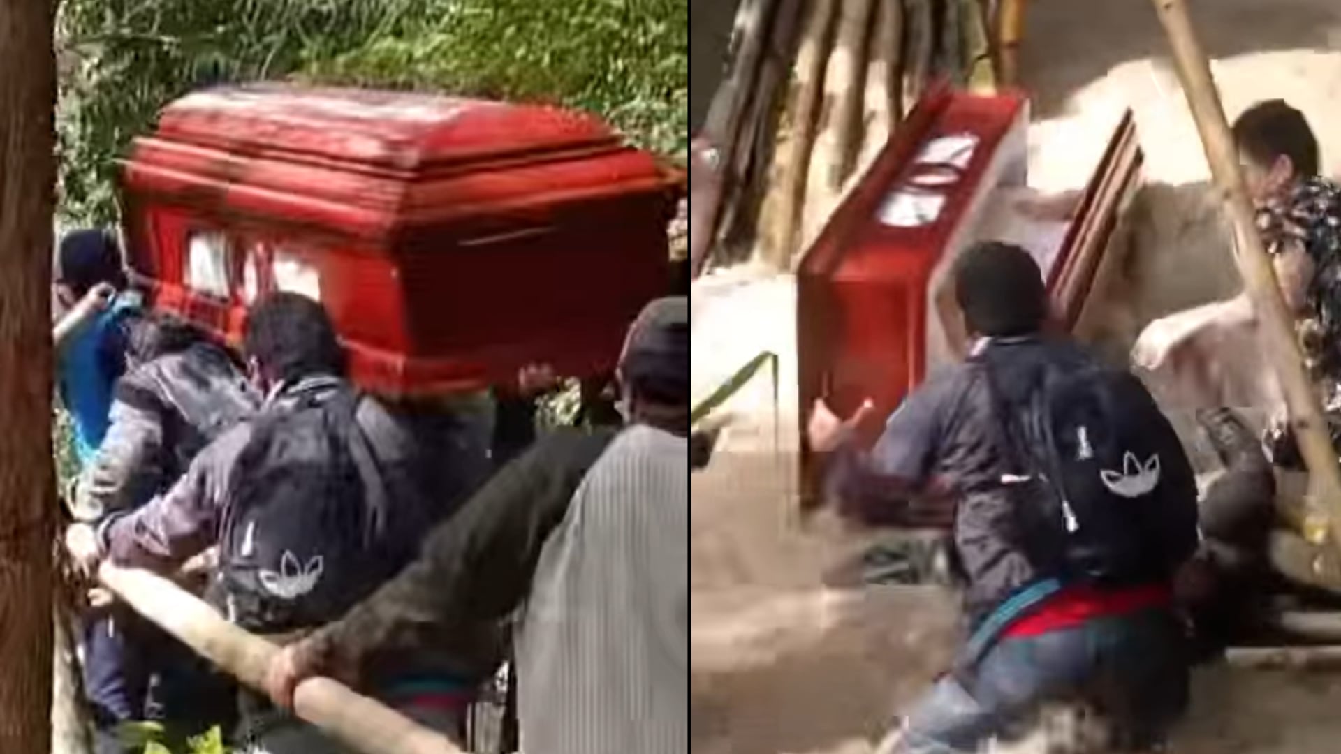 Un puente de troncos colapsó en el caserío Lanchema, distrito de Pomahuaca en Jaén, precipitando un féretro a la quebrada durante una caravana fúnebre en medio de intensas lluvias. (Composició: Infobae Perú)