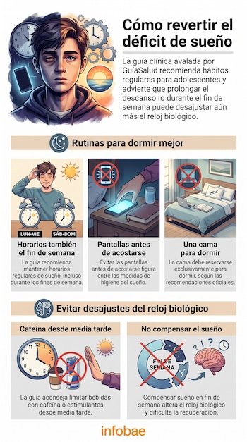 Infografía con ilustraciones de un joven, un reloj, pantallas cruzadas con una X y recomendaciones escritas sobre el descanso.