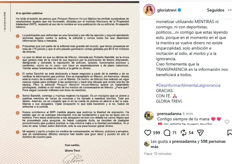 Gloria Trevi acusa a Roberto Banchik de publicar información sin verificar(RS)