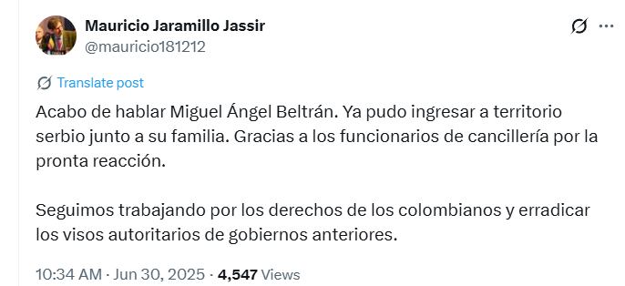 El Gobierno colombiano confirmó la liberación del profesor Miguel Ángel Beltrán, su esposa y sus dos hijos - crédito @mauricio181212/X