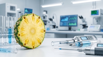 Rodaja de piña fresca junto a tubos de ensayo con líquido azul, jeringas electrónicas y microscopios en un laboratorio.