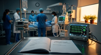 Imagen de una unidad de cuidados intensivos con personal médico. En primer plano, una carpeta abierta muestra "HANTAVIRUS 45 contagios confirmados" y un monitor cardíaco.