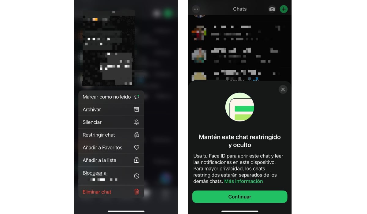 Activar la restricción requiere Face ID, huella dactilar o código de acceso configurado en el teléfono. (WhatsApp)