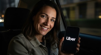 Primer plano de una mujer sonriente con cabello oscuro y chaqueta clara, sentada en la parte trasera de un coche, sosteniendo un teléfono con el logo de Uber.