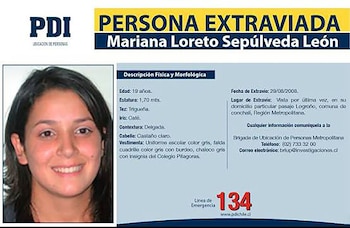 Cartel oficial con el logotipo de la PDI, la fotografía de una mujer, texto de descripción física y el número de emergencia 134