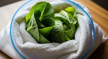 Primer plano de hojas de lechuga verde con gotas de agua, envueltas en una toalla blanca dentro de una bolsa de plástico transparente con cierre sobre una mesa de madera.