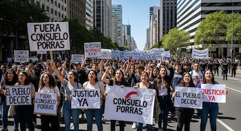 Una multitud de jóvenes marchando en una calle urbana flanqueada por edificios, portando pancartas con mensajes como 'FUERA CONSUELO PORRAS' y 'JUSTICIA YA'.