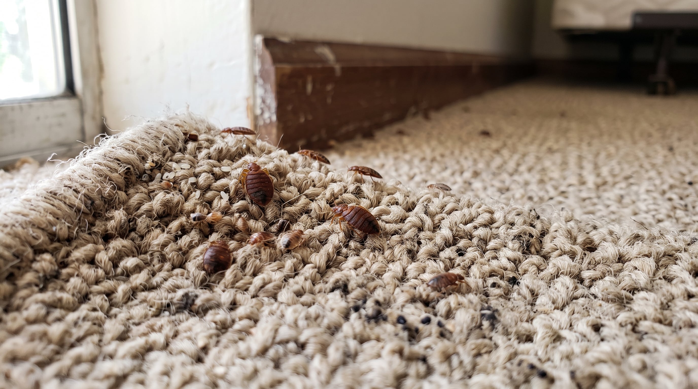 Varios ejemplares de chinches y sus huevos se ubican entre las fibras de una alfombra junto a la base de una pared. (Imagen Ilustrativa Infobae)