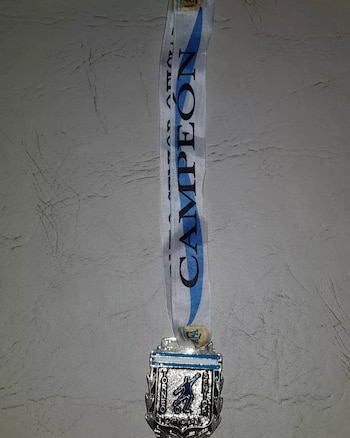 Medalla plateada con cinta celeste y blanca que dice CAMPEÓN, con un jugador de fútbol y detalles del escudo de Argentina. Fondo gris texturizado