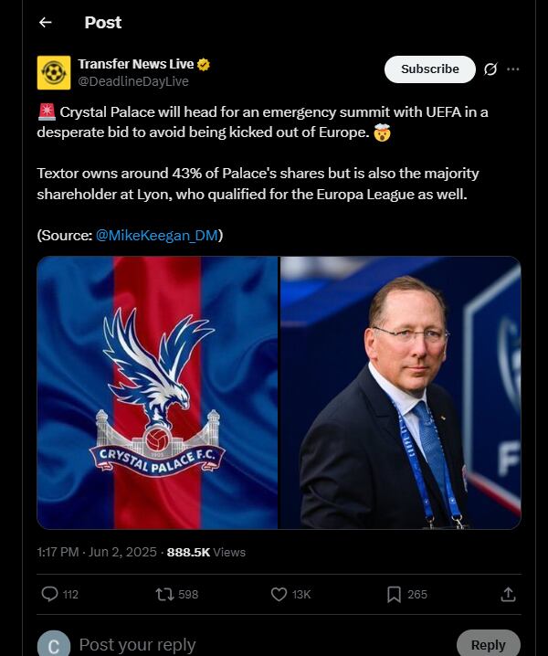 Habría problemas con la participación de Crystal Palace en la próxima edición de la UEFA Europa League para la temporada 2025-2026 - crédito @DeadlineDayLive / X