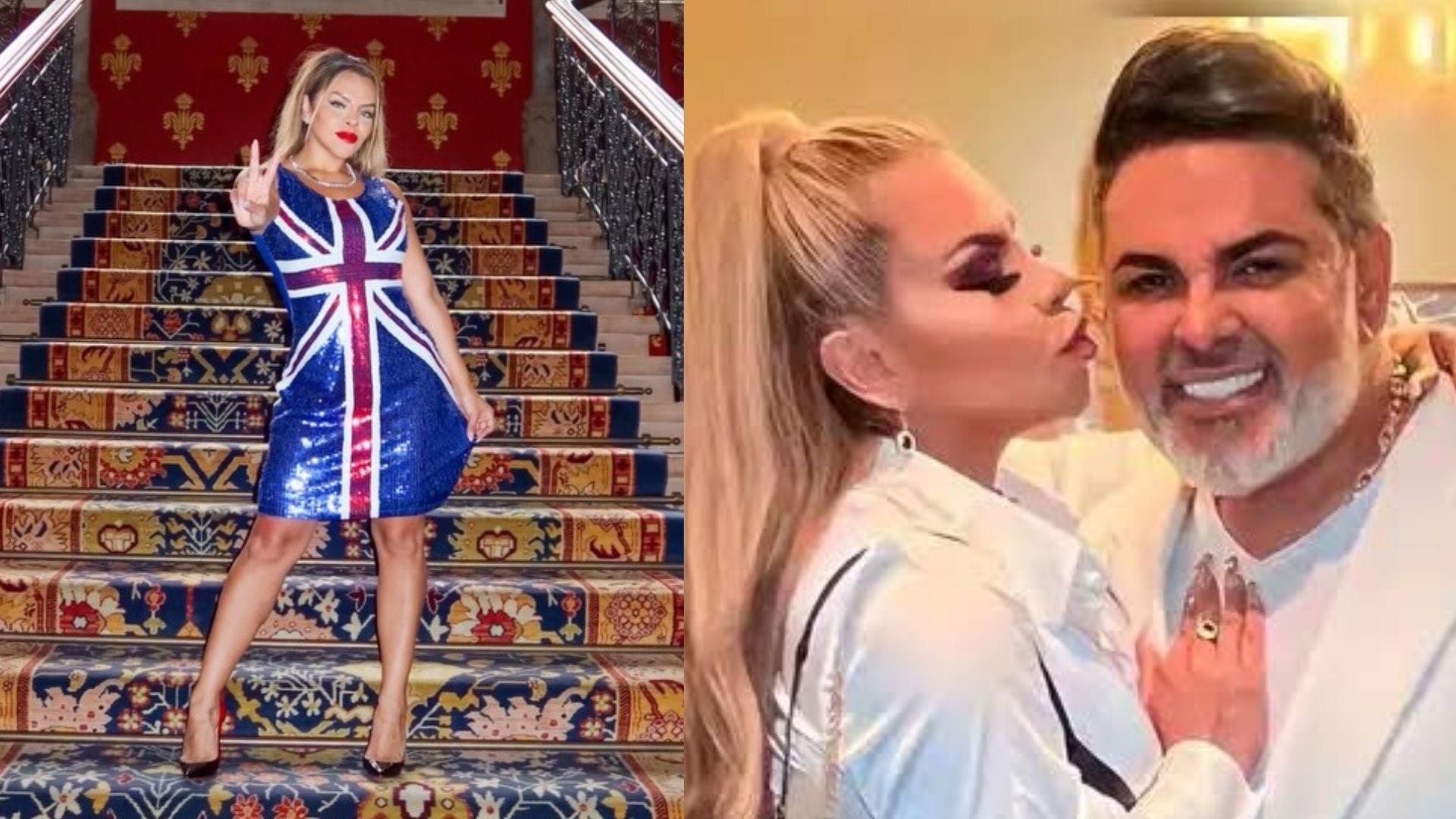 Josetty Hurtado luce un vestido con la bandera británica en una escalera y posa junto a su padre, Andrés Hurtado.