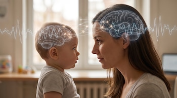 Madre y bebé interactúan cara a cara. Sobre sus cabezas se muestran visualizaciones semitransparentes de cerebros con ondas y conexiones luminosas.