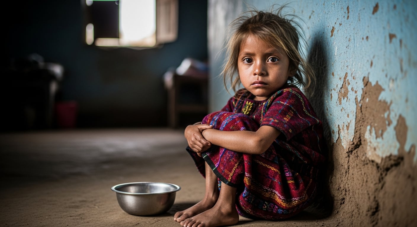 Una niña con signos de desnutrición se sienta en el suelo junto a un cuenco vacío en una vivienda humilde de Guatemala, reflejando la grave crisis alimentaria que afecta a la niñez del país. (Imagen Ilustrativa Infobae)