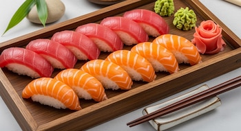 Primer plano de nigiris de sushi de atún y salmón sobre una bandeja de madera. Se ven nueve nigiris rojos y nueve naranjas, con wasabi, jengibre y palillos.