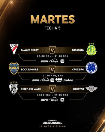 Gráfico digital oscuro con la programación de la Fecha 5 de la Copa Libertadores para el martes, incluyendo equipos, escudos, horarios y logos de transmisión