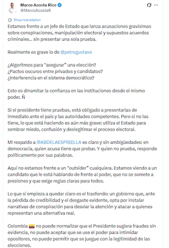 Marco Acosta indicó que, si no había pruebas, las acusaciones del presidente podrían haber utilizado el Estado para intimidar y deslegitimar el proceso electoral - crédito @MarcoAcostaR/X