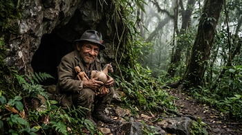 Un hombre con sombrero y ropa oscura sostiene juguetes de madera frente a una cueva rocosa rodeada de vegetación en un sendero boscoso.