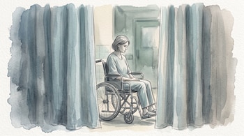 Ilustración en acuarela de una mujer en silla de ruedas dentro de un cuarto de hospital, vista entre dos cortinas.