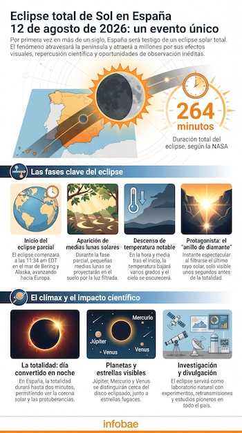 Infografía sobre el eclipse solar total de 2026 con mapa de España y Portugal, Sol, Luna, reloj, termómetro, gráficos, telescopio y texto explicativo.