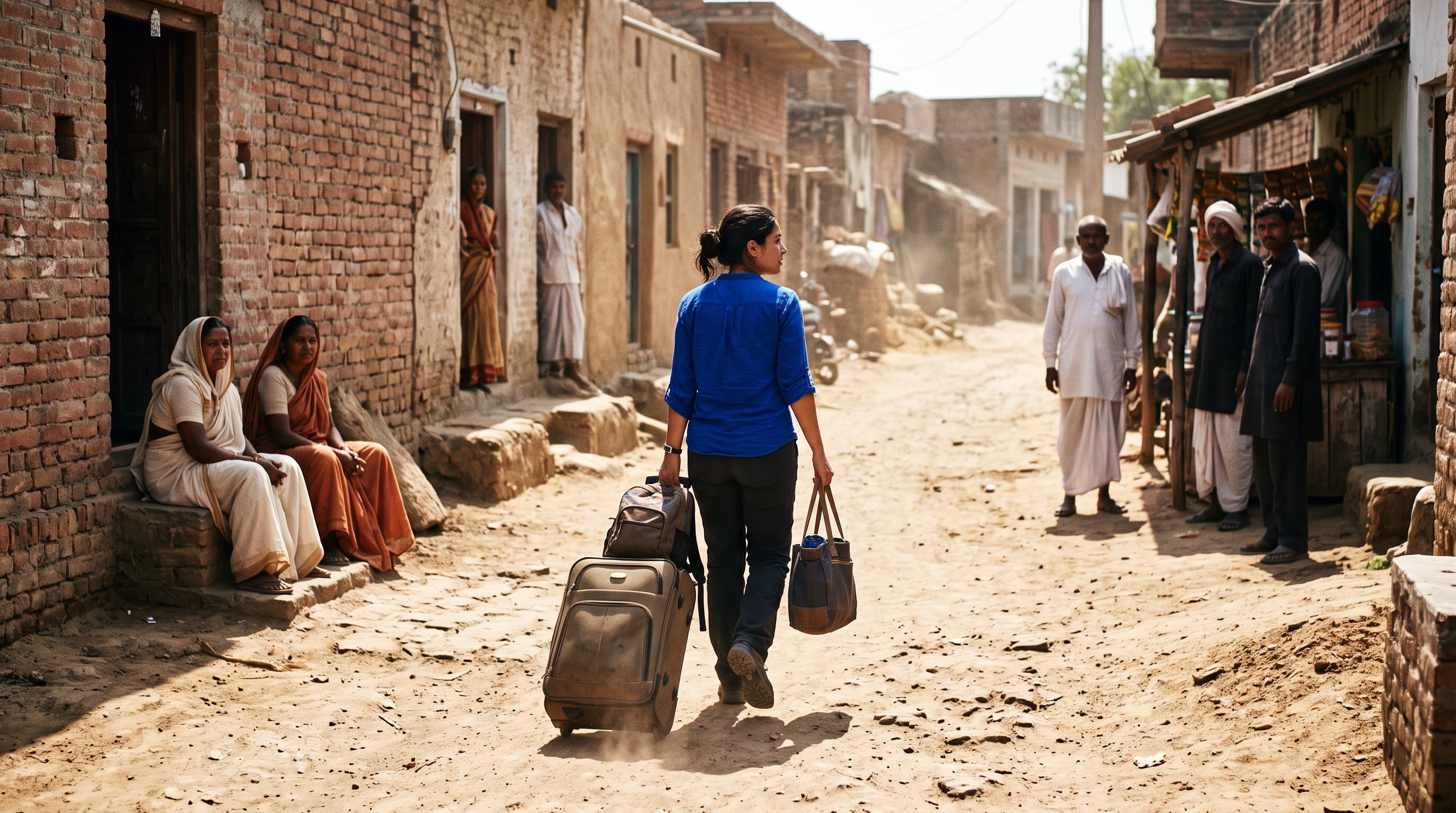 Una mujer camina con su equipaje por una calle sin pavimentar en una zona rural de Asia del Sur mientras los residentes locales la observan desde las puertas de sus casas. (Imagen Ilustrativa Infobae)