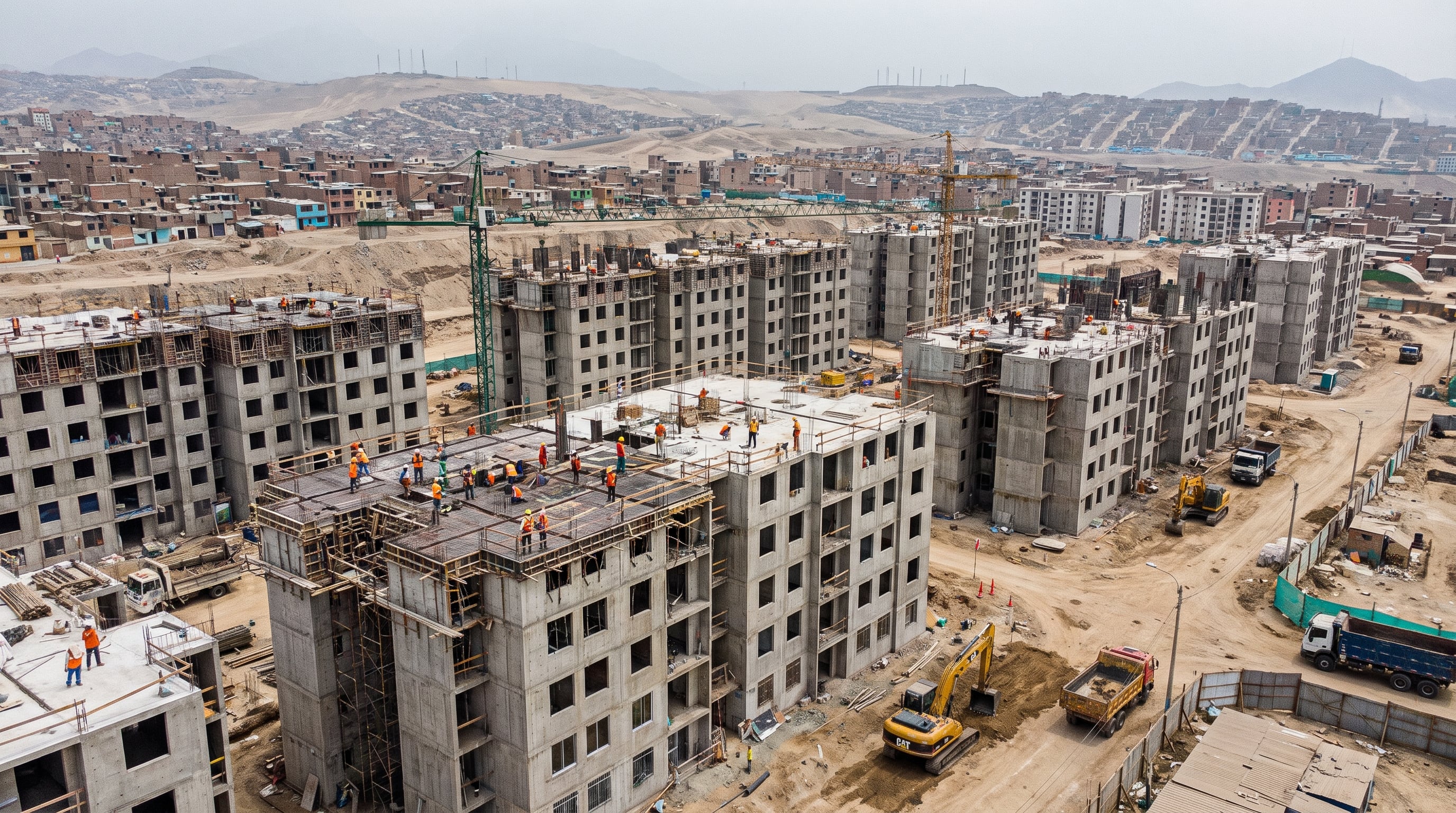 Obreros trabajan en un proyecto de construcción de edificios residenciales en una zona urbana de Perú, donde la brecha habitacional entre oferta y demanda persiste. (Imagen Ilustrativa Infobae)